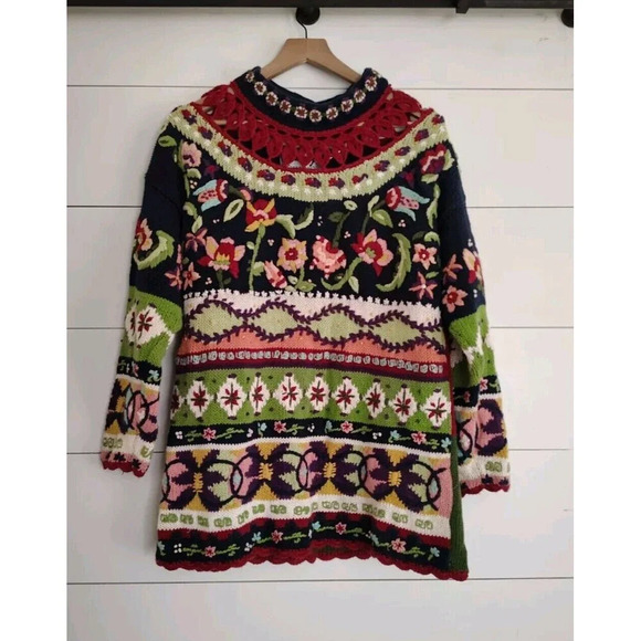 Vtg Marie Y Knit Embroidered Floral Sweater Cottage Boho Art to Wear Open Neck L - Picture 1 of 8